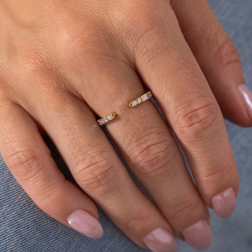 Baguette & Round Accent Open Cuff Ring – 10K Yellow Gold with Cubic Zirconia