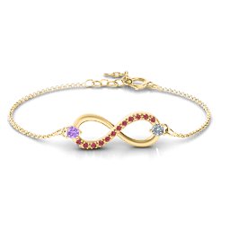 Double Stone Infinity Accent Bracelet in 10K Solid Yellow Gold with Amethyst, Cubic Zirconia, and Red Premium Zirconia