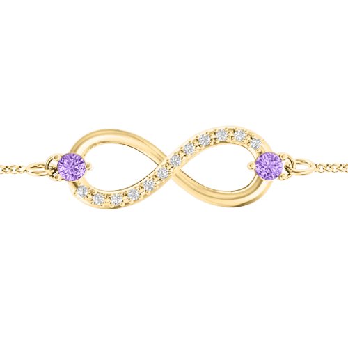 Double Stone Infinity Accent Bracelet – 10K Yellow Gold with Amethyst and White Premium Zirconia