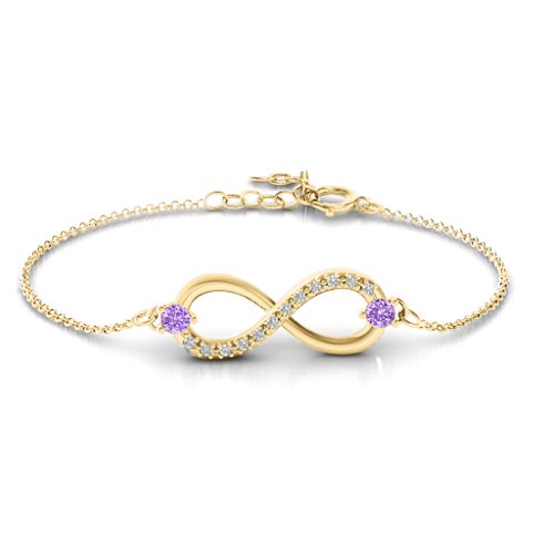 Double Stone Infinity Accent Bracelet – 10K Yellow Gold with Amethyst and White Premium Zirconia