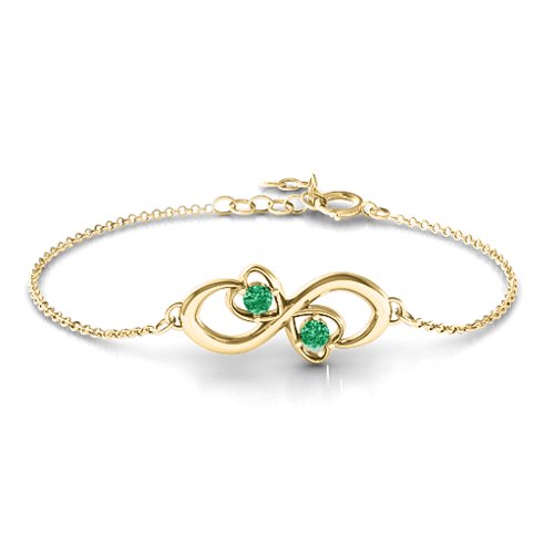 Duo of Hearts and Stones Infinity Bracelet – 18K Gold Plated Silver with Emerald