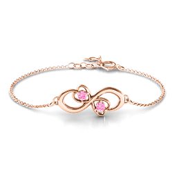 Duo of Hearts and Stones Infinity Bracelet in 10K Solid Rose Gold with Pink Tourmaline