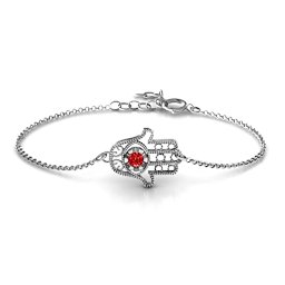 Horizontal Hamsa Bracelet in 925 Sterling Silver with Garnet