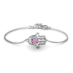 Horizontal Hamsa Bracelet in 925 Sterling Silver with Pink Tourmaline
