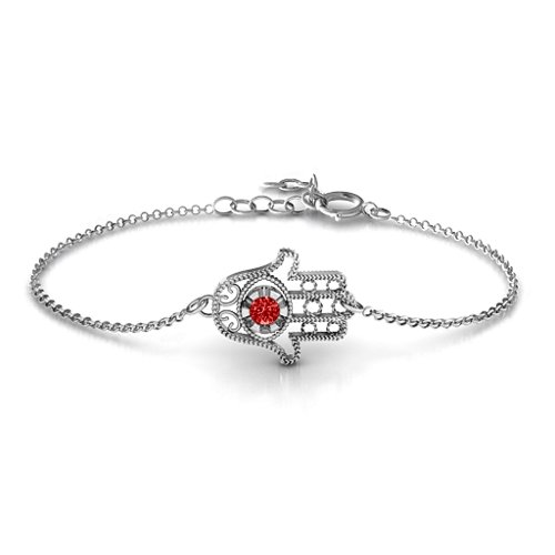 Horizontal Hamsa Bracelet – Sterling Silver with Garnet