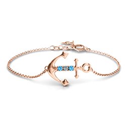 Anchor Bracelet with Three Stones in 10K Solid Rose Gold with Blue Topaz and Cubic Zirconia