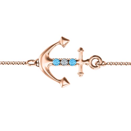 Anchor Bracelet with Three Stones – 10K Rose Gold with Blue Topaz and Cubic Zirconia