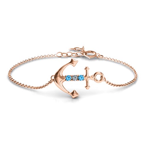 Anchor Bracelet with Three Stones – 10K Rose Gold with Blue Topaz and Cubic Zirconia