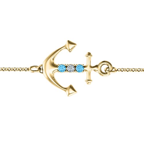 Anchor Bracelet with Three Stones – 10K Yellow Gold with Blue Topaz and Cubic Zirconia