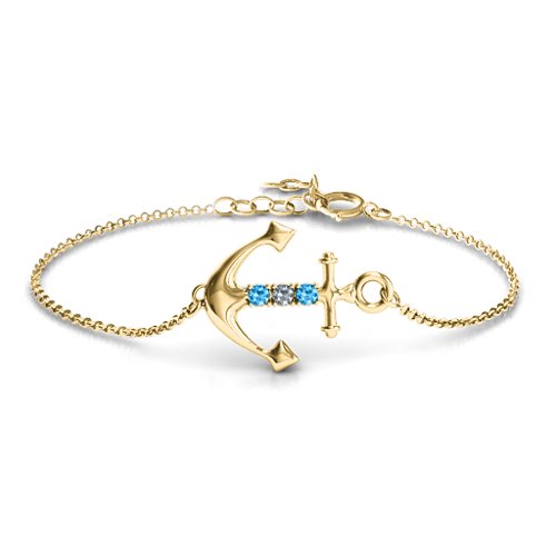 Anchor Bracelet with Three Stones – 10K Yellow Gold with Blue Topaz and Cubic Zirconia