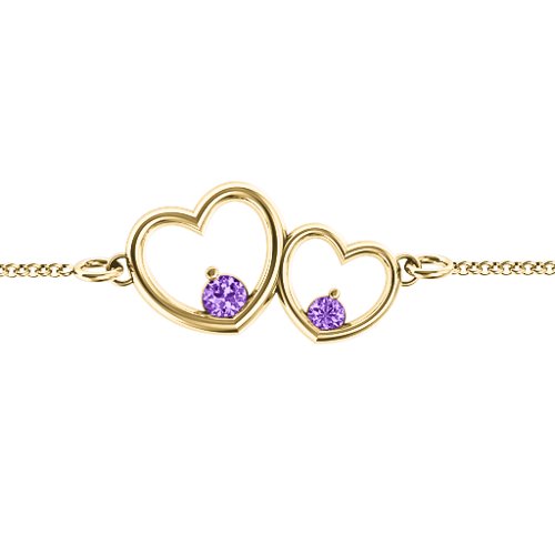Double Heart With Two Stones Bracelet – 18K Gold Plated Silver with Amethyst