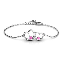 Double Heart With Two Stones Bracelet in 925 Sterling Silver with Pink Tourmaline