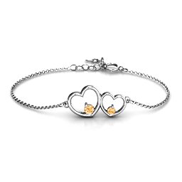 Double Heart With Two Stones Bracelet in 925 Sterling Silver with Citrine