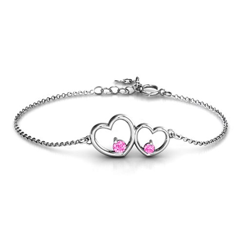 Double Heart With Two Stones Bracelet – Sterling Silver with Pink Tourmaline