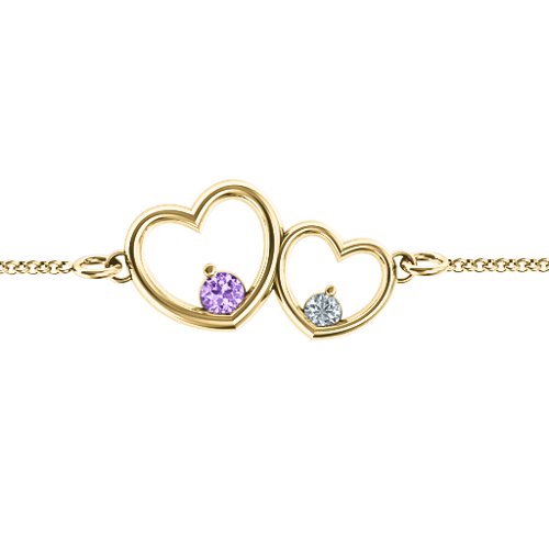 Double Heart With Two Stones Bracelet – 10K Yellow Gold with Amethyst and Cubic Zirconia