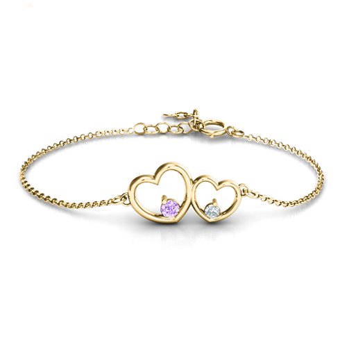 Double Heart With Two Stones Bracelet – 10K Yellow Gold with Amethyst and Cubic Zirconia