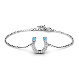Horseshoe Bracelet with Two Stones and Accents in 925 Sterling Silver with Blue Topaz and White Premium Zirconia