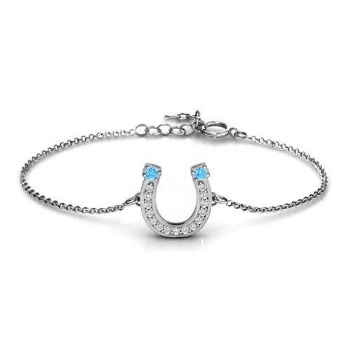 Horseshoe Bracelet with Two Stones and Accents – Sterling Silver with Blue Topaz and White Premium Zirconia