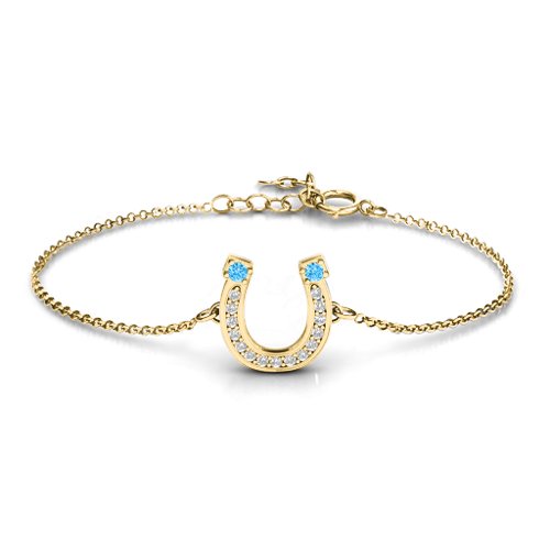 Horseshoe Bracelet with Two Stones and Accents – 10K Yellow Gold with Blue Topaz and White Premium Zirconia