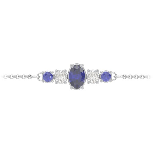 Oval Center with 4 Side Round Stones Bracelet – Sterling Silver with Blue Sapphire and Cubic Zirconia