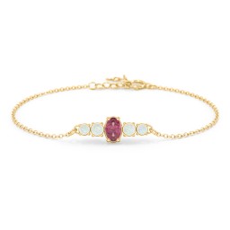Oval Center with 4 Side Round Stones Bracelet in 10K Solid Yellow Gold with Pink Tourmaline and Opal
