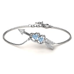 Double Heart with Arrow and Two Heart Stones Promise Bracelet in 925 Sterling Silver with Aquamarine and White Premium Zirconia