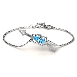 Double Heart with Arrow and Two Heart Stones Promise Bracelet in 925 Sterling Silver