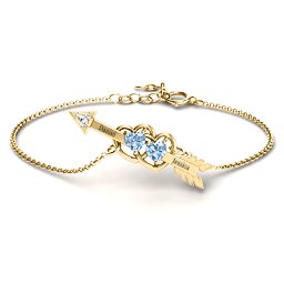 Double Heart with Arrow and Two Heart Stones Promise Bracelet in 18K Gold Plated Silver with Aquamarine and White Premium Zirconia