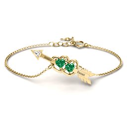 Double Heart with Arrow and Two Heart Stones Promise Bracelet in 18K Gold Plated Silver with Emerald and White Premium Zirconia