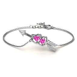 Double Heart with Arrow and Two Heart Stones Promise Bracelet in 925 Sterling Silver with Pink Tourmaline and White Premium Zirconia