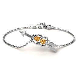Double Heart with Arrow and Two Heart Stones Promise Bracelet in 925 Sterling Silver with Citrine and White Premium Zirconia