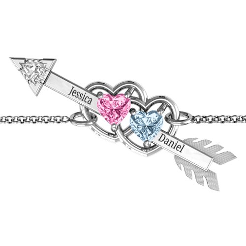 Double Heart with Arrow and Two Heart Stones Promise Bracelet – Sterling Silver with Pink Tourmaline, Aquamarine, and White Premium Zirconia