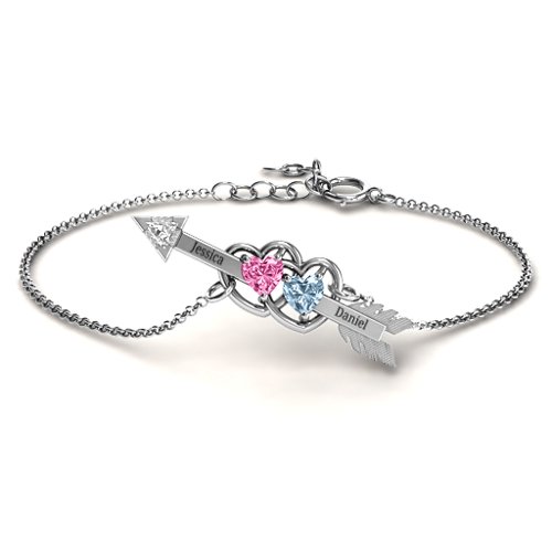 Double Heart with Arrow and Two Heart Stones Promise Bracelet – Sterling Silver with Pink Tourmaline, Aquamarine, and White Premium Zirconia