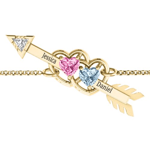 Double Heart with Arrow and Two Heart Stones Promise Bracelet – 10K Yellow Gold with Pink Tourmaline, Aquamarine, and White Premium Zirconia