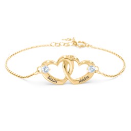Interlocking Heart Promise Bracelet with Two Stones in 10K Solid Yellow Gold with Aquamarine