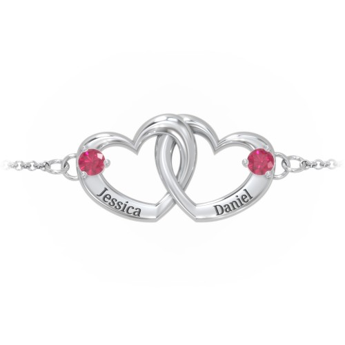 Interlocking Heart Promise Bracelet with Two Stones – Sterling Silver with Ruby