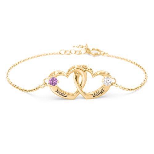Interlocking Heart Promise Bracelet with Two Stones – 10K Yellow Gold with Amethyst and Cubic Zirconia