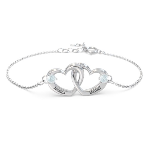 Interlocking Heart Promise Bracelet with Two Stones – Sterling Silver with Aquamarine