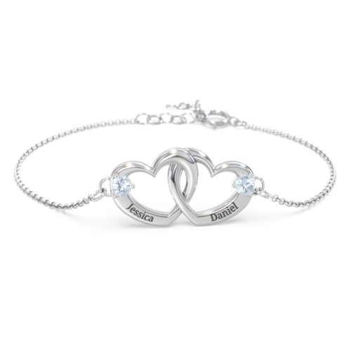 Interlocking Heart Promise Bracelet with Two Stones – Sterling Silver with Aquamarine
