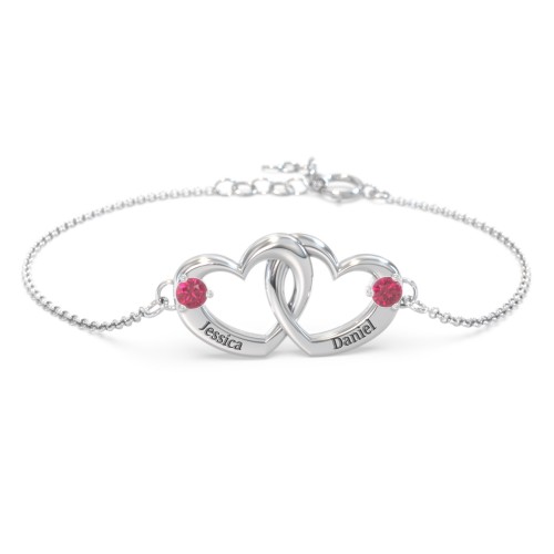 Interlocking Heart Promise Bracelet with Two Stones – Sterling Silver with Ruby
