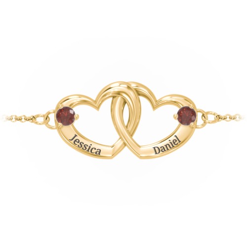 Interlocking Heart Promise Bracelet with Two Stones – 18K Gold Plated Silver with Garnet
