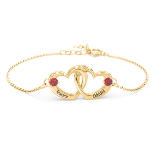 Interlocking Heart Promise Bracelet with Two Stones – 18K Gold Plated Silver with Garnet