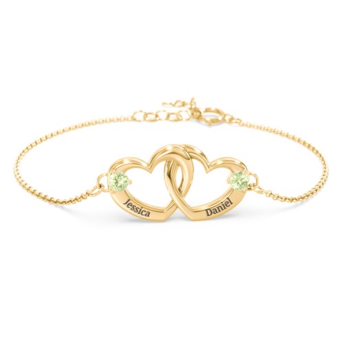 Interlocking Heart Promise Bracelet with Two Stones – 18K Gold Plated Silver with Peridot