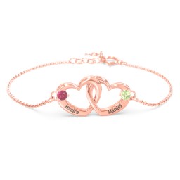 Interlocking Heart Promise Bracelet with Two Stones in 10K Solid Rose Gold with Ruby and Peridot