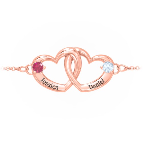 Interlocking Heart Promise Bracelet with Two Stones – 10K Rose Gold with Ruby and Aquamarine