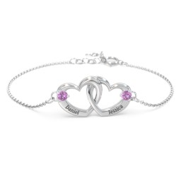 Interlocking Heart Promise Bracelet with Two Stones in 925 Sterling Silver with Amethyst