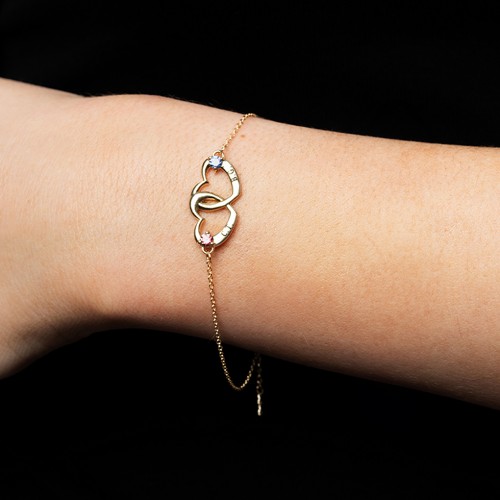 Interlocking Heart Promise Bracelet with Two Stones – Sterling Silver with Cubic Zirconia
