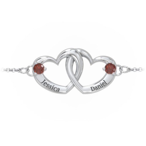 Interlocking Heart Promise Bracelet with Two Stones – Sterling Silver with Garnet