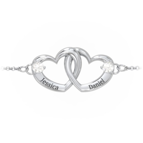 Interlocking Heart Promise Bracelet with Two Stones – Sterling Silver with Cubic Zirconia