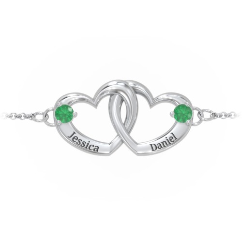 Interlocking Heart Promise Bracelet with Two Stones – Sterling Silver with Emerald